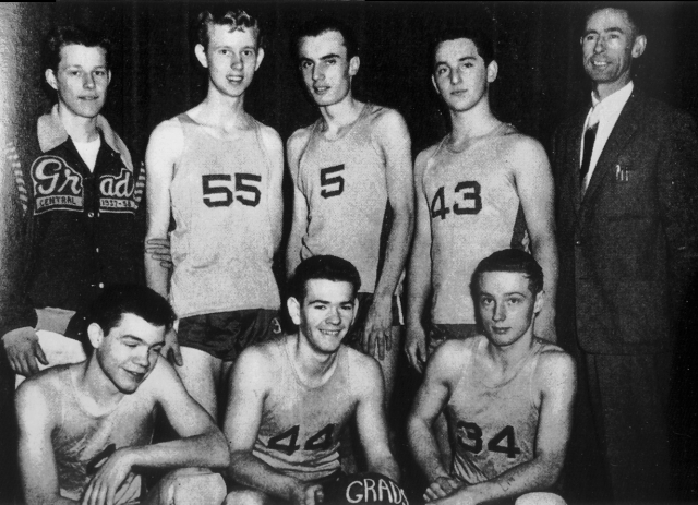 1958 Grads<br>Front: Fred Heal, Morley Jahnke, Rod Kaufman<br>Back: Roy Crippen, Dale McCombs, John McIntyre,Alan Rothstein, Mr. Davies