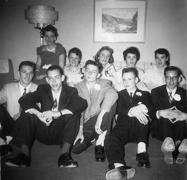 1958 Graduation Dance<br>Boys left to right:  Gary Lees, John Amiss, Peter McQueen, Gary Keenan, Gary Willison<br> Girls left to right: Barb Wigmore, Margaret Bamford, and then we need help with the other names??