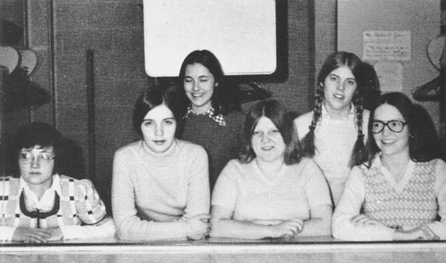 1974 Pep Club<br>F: Marianne Berezny, Kelly Knox, Kari Stephenson, Mary Jane Hood<br>B: Shelley McLeod, Barb Hughton