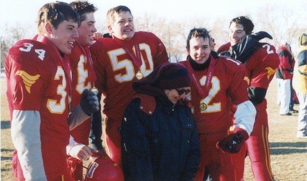 Nathan Belrose, Nelsen Locken,<br>Brent Busse, Assaf Barkaie<br>(and Mom, Rachel), and Steve Schiml<br>Provincial Champs Nov 2003