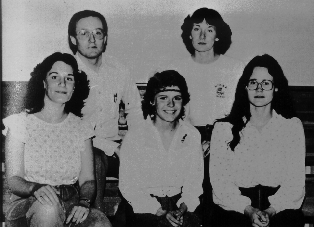 1982 Future Problem Solvers<br>Joanne Foster, Tammy Russell, Heather Ward<br>Back: Mr. Henderson, Heather Thiessen