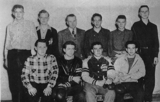 1950 Boxing Club
Front: Don Necker, Ted Joyner<br>John Zaparinuk, Clive Hickson<br>Back: Gordon Dempsey, Bob Stark, Mr. Cave<br>Dick Cudmore, Dennis Devaine, Dennis McCarthy