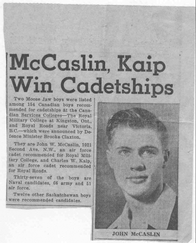 Central Graduate  John McCaslin goes to Royal Military College in 1950