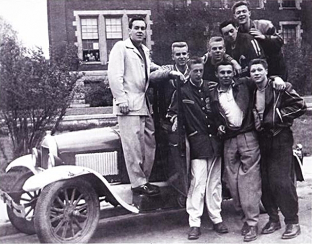 Smittys Red & Gold Car<br>In the front row are<br>Bob Davis, Grant Pasuik & Roy Smith (Smitty)<br>On the running board are<br>Merv Markell, Don Wittman & John Bjordammen<br>Back right: Lee Barber and Thomas Scott McKay