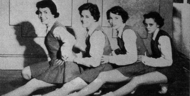 1955 Senior Cheerleaders<br>Desira Skene, Marie Lewis, Sharon Armour, Kay Kelly