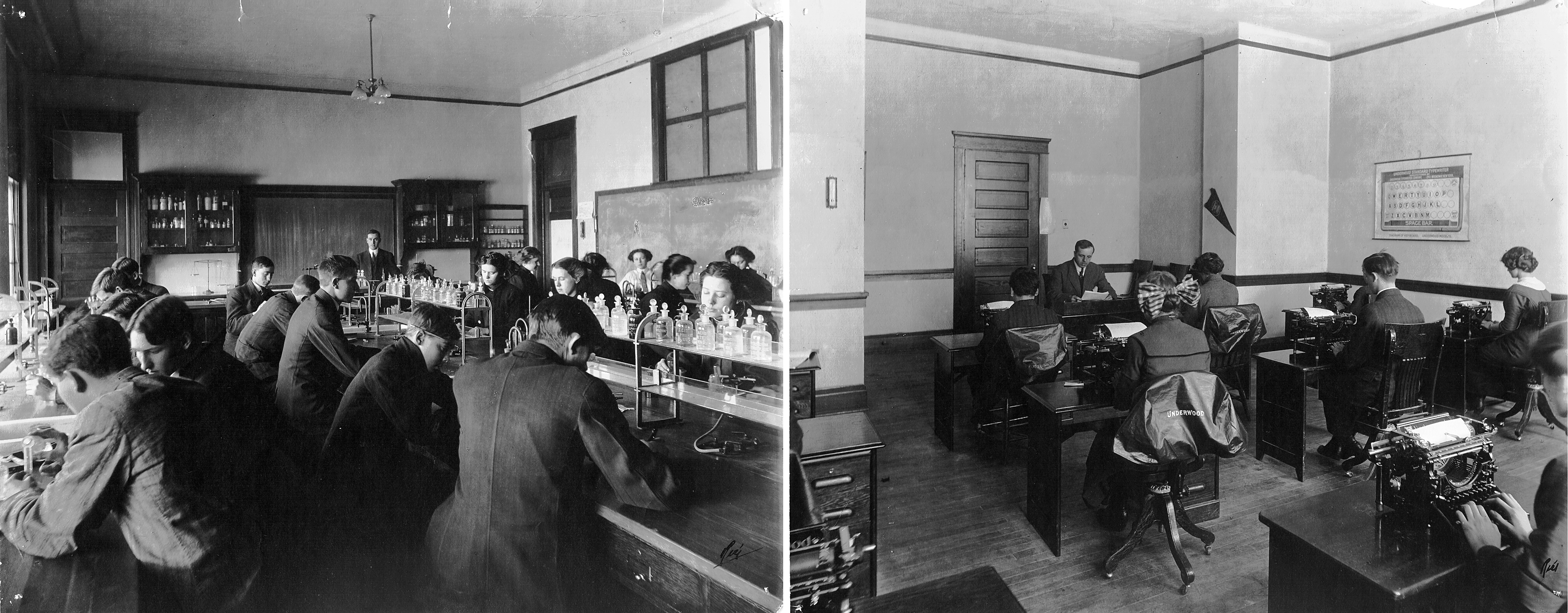 Classrooms ca. 1914: Chemistry, Instructor Mr. D.B. Stillwell (Note the bottles of sulphuric acid sitting at eye level to the students.); Typing Class<br> 