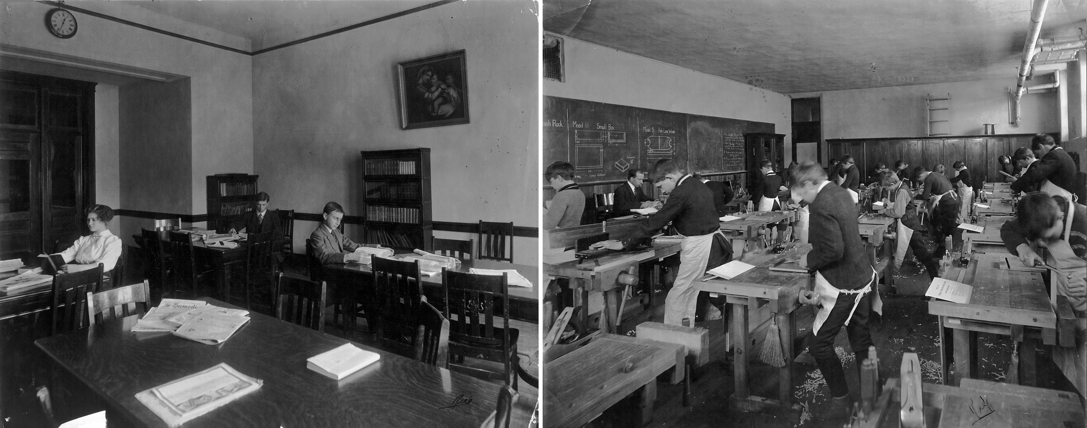 Library; Woodworking Class, Instructor Mr. W.W. Snider<br>ca. 1914